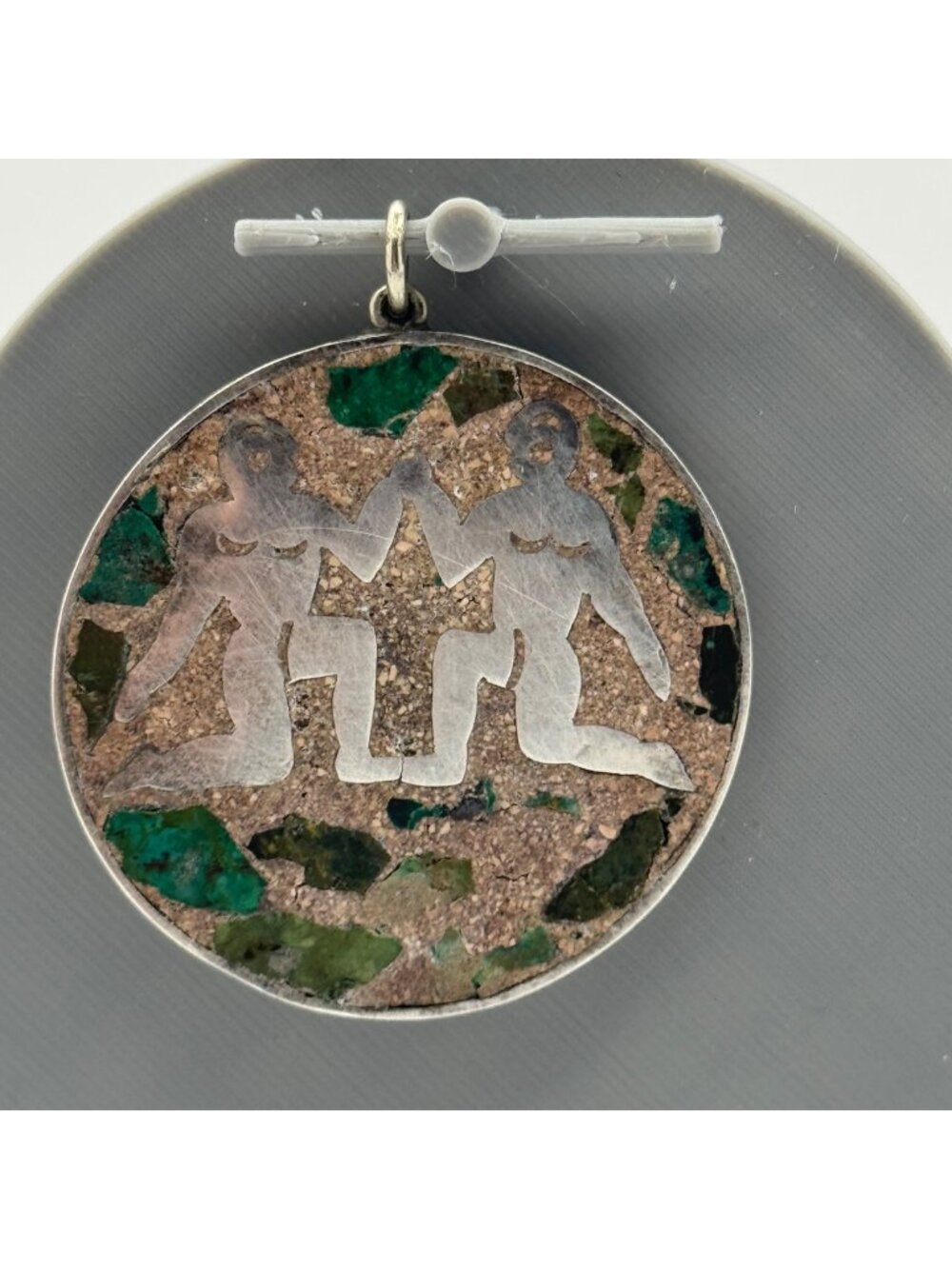 Gemini Zodiac Sterling Silver Pendant Turquoise Inlay Green Taxco 2" Vintage